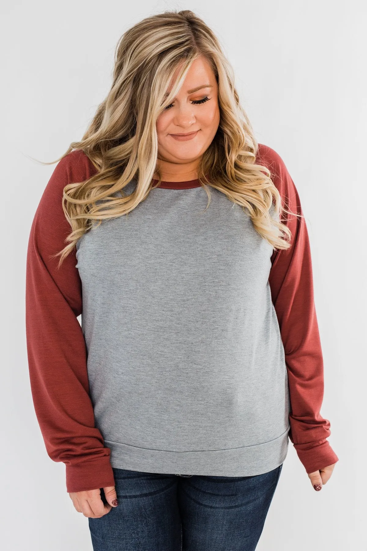 Never Let Me Go Raglan Top- Grey & Rust