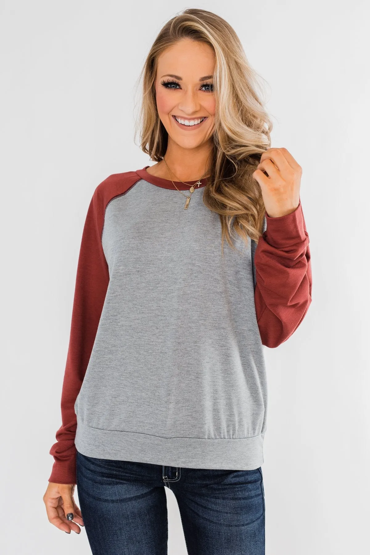 Never Let Me Go Raglan Top- Grey & Rust