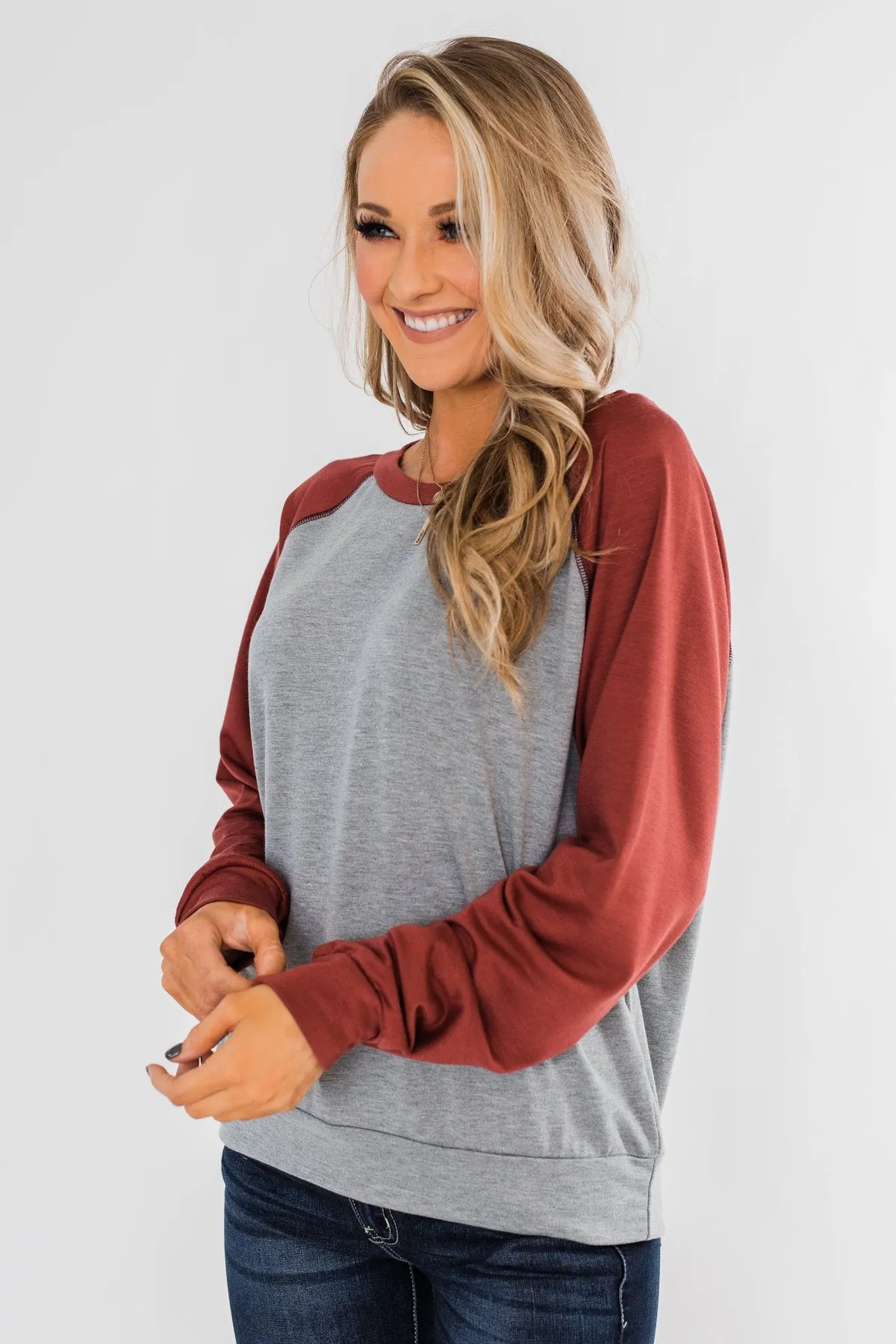 Never Let Me Go Raglan Top- Grey & Rust
