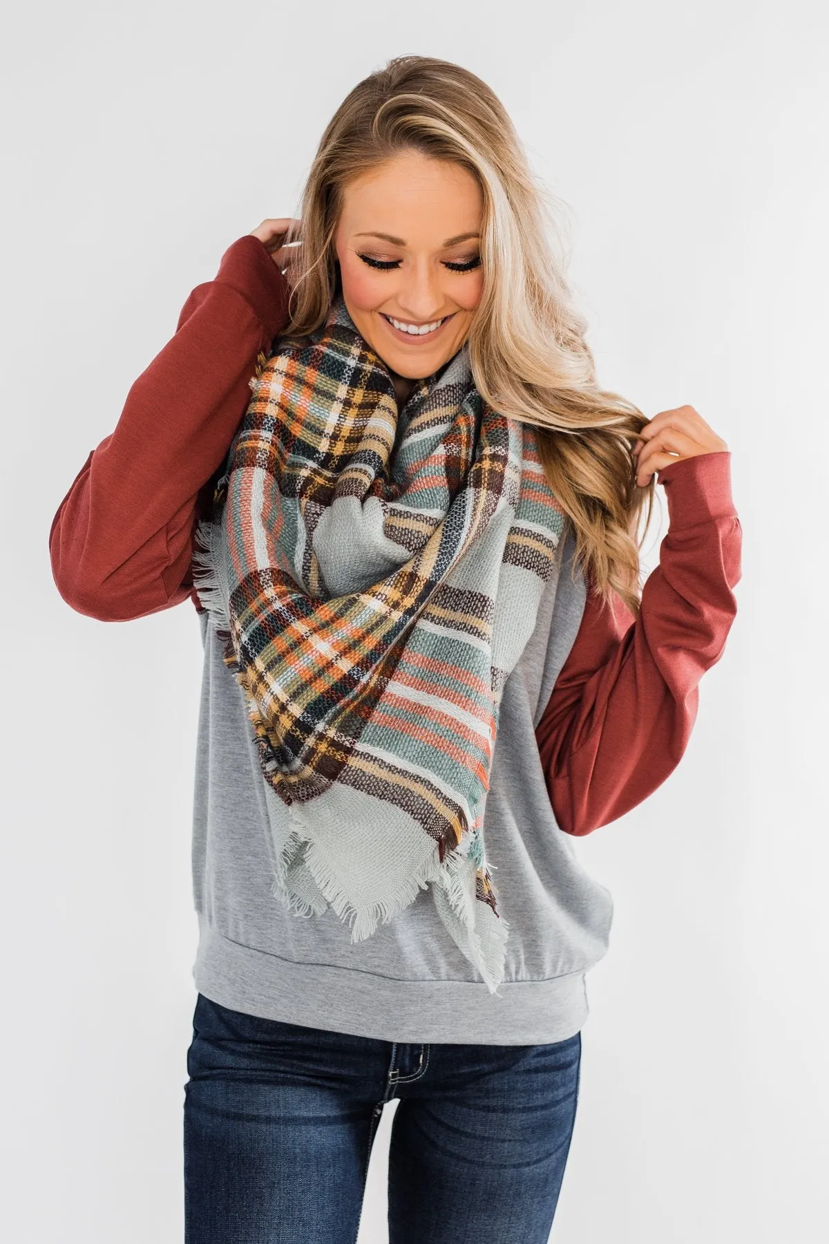 Never Let Me Go Raglan Top- Grey & Rust