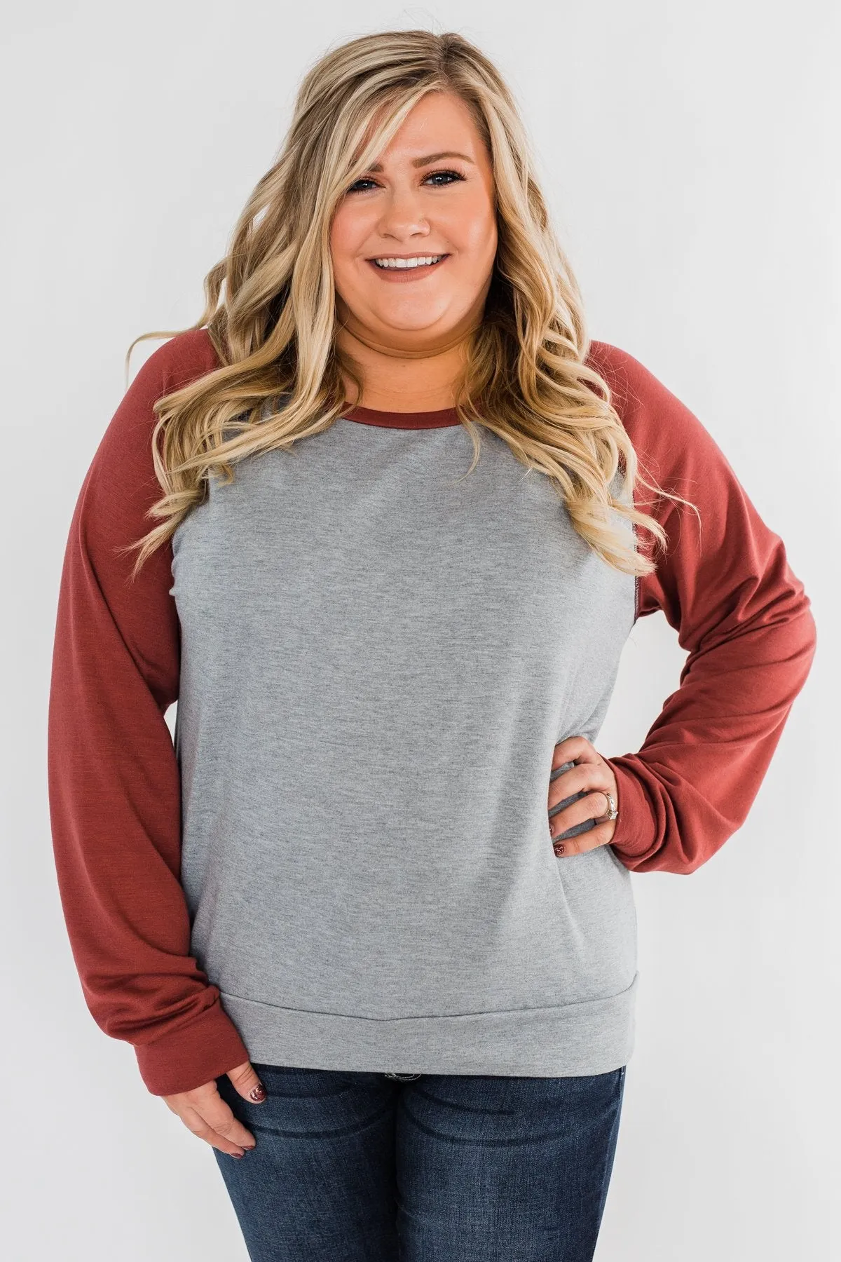 Never Let Me Go Raglan Top- Grey & Rust