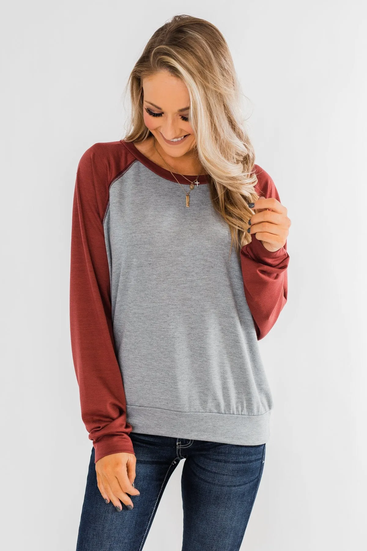 Never Let Me Go Raglan Top- Grey & Rust