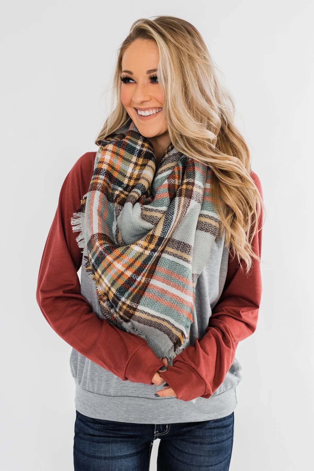 Never Let Me Go Raglan Top- Grey & Rust