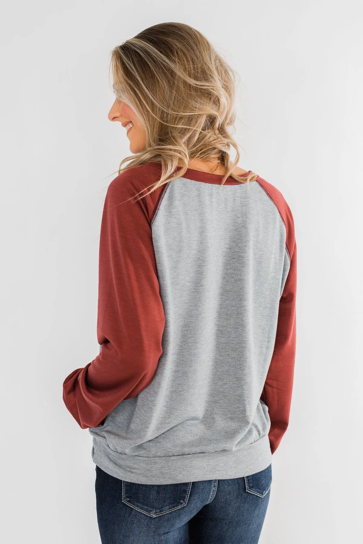 Never Let Me Go Raglan Top- Grey & Rust