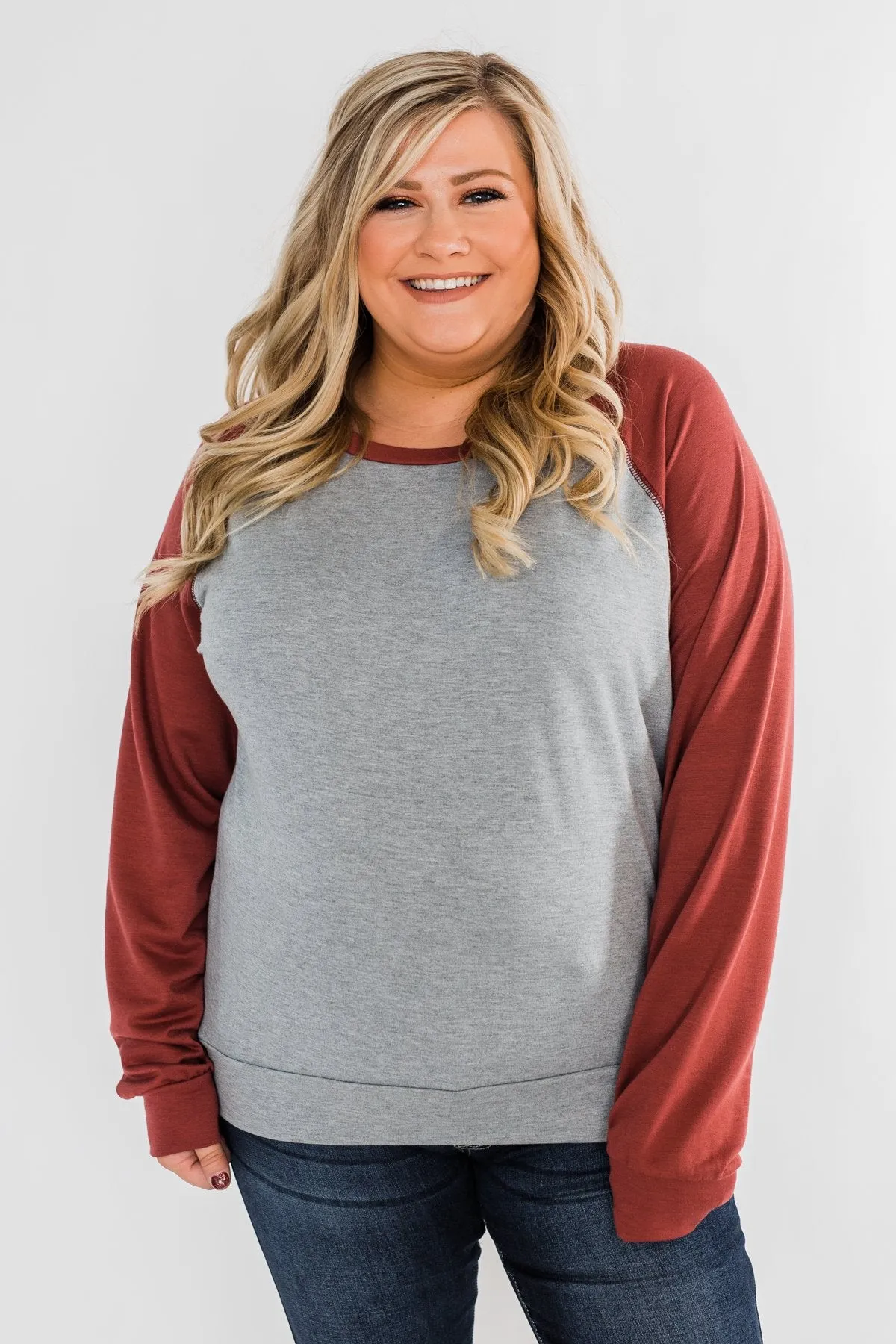 Never Let Me Go Raglan Top- Grey & Rust