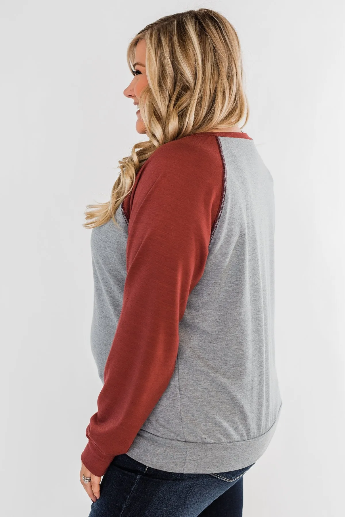 Never Let Me Go Raglan Top- Grey & Rust