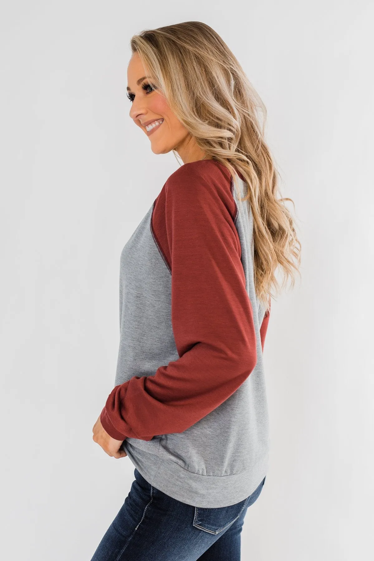 Never Let Me Go Raglan Top- Grey & Rust