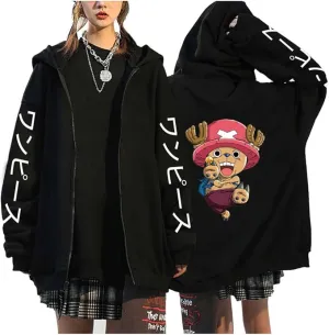 New Anime One Piece Full Zip Hoodie Luffy ACE Zoro Tony Tony Chopper Cosplay 3D Printed Zipper Hooded Sweatshirt Fits like a Large, Actual print on back shown in pics