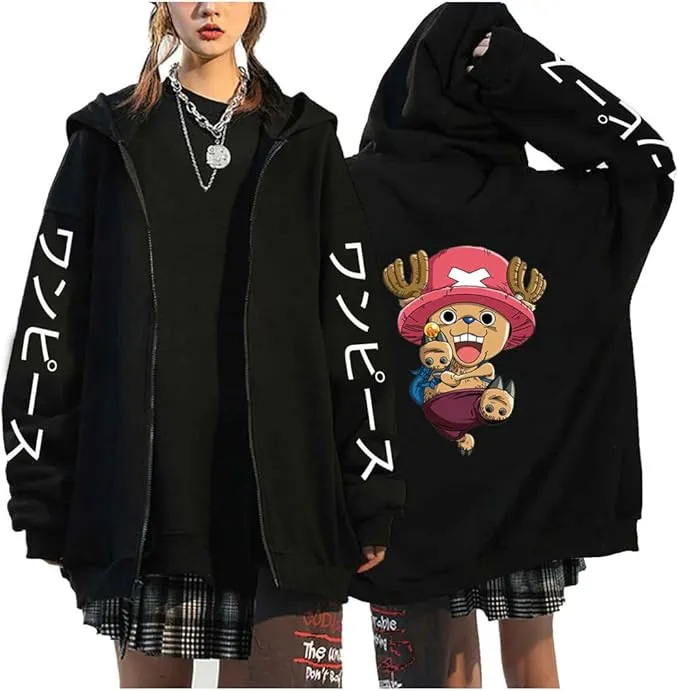New Anime One Piece Full Zip Hoodie Luffy ACE Zoro Tony Tony Chopper Cosplay 3D Printed Zipper Hooded Sweatshirt Fits like a Large, Actual print on back shown in pics