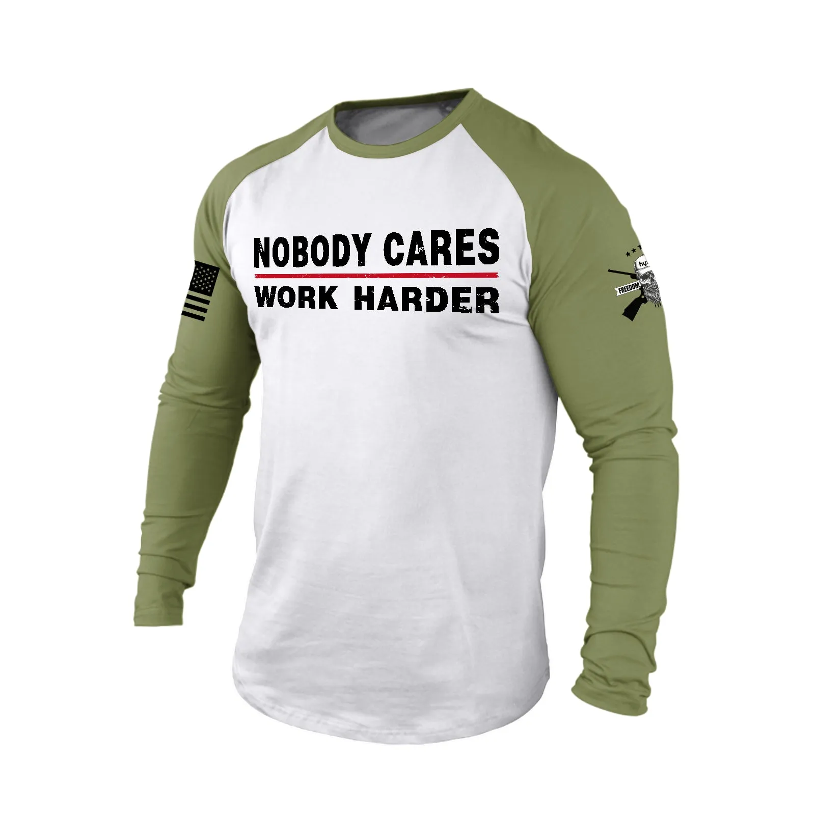 NOBODY CARES WORK HARDER 100% COTTON RAGLAN GRAPHIC LONG SLEEVE T-SHIRT