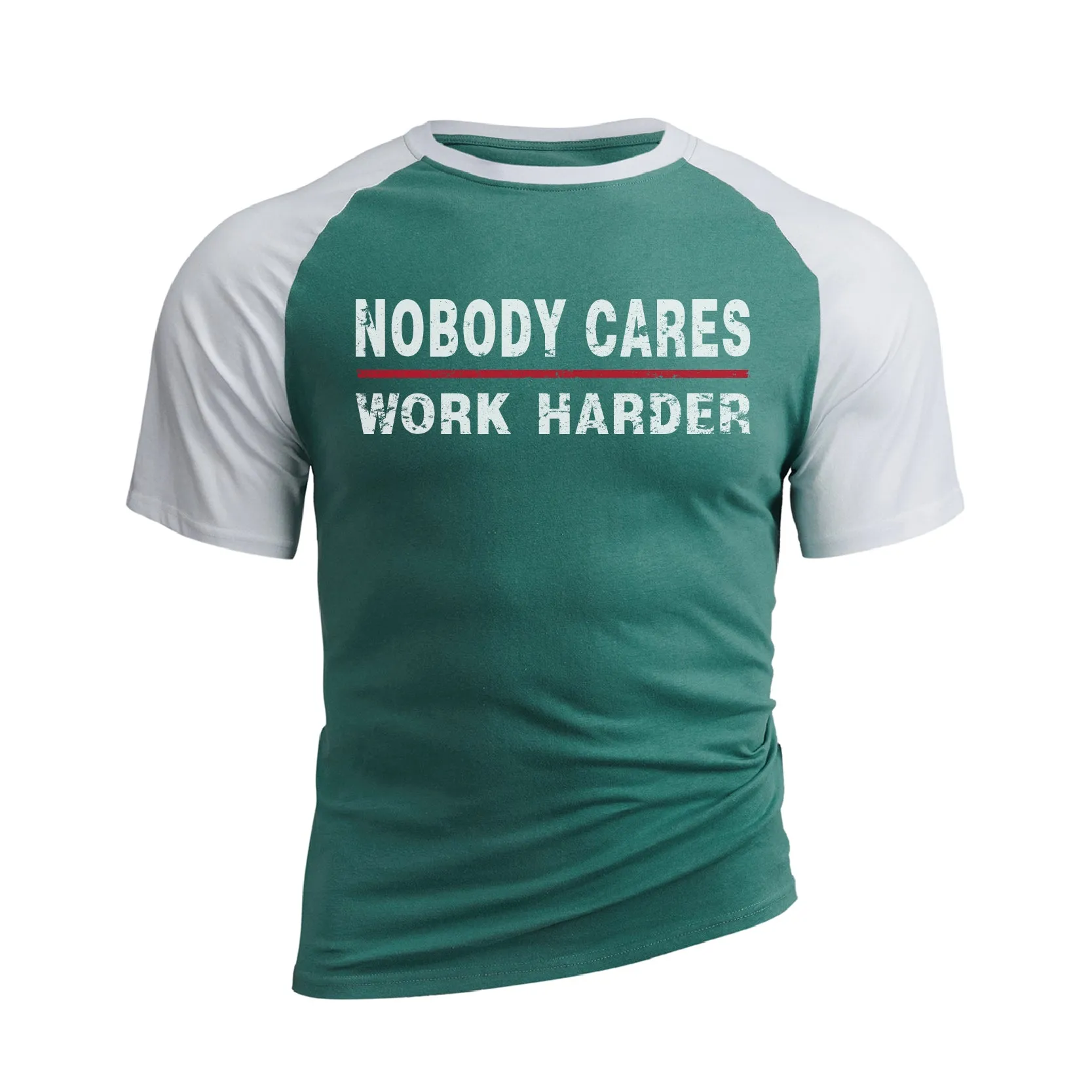 NOBODY CARES WORK HARDER 100% COTTON RAGLAN GRAPHIC TEE