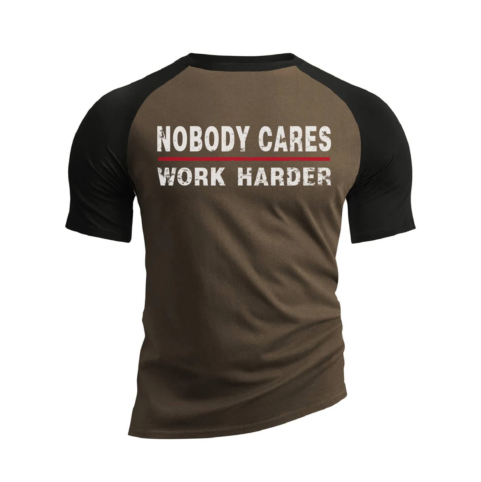 NOBODY CARES WORK HARDER 100% COTTON RAGLAN GRAPHIC TEE