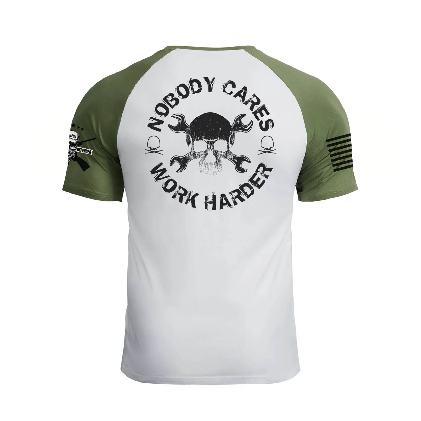 NOBODY CARES WORK HARDER 100% COTTON RAGLAN GRAPHIC TEE