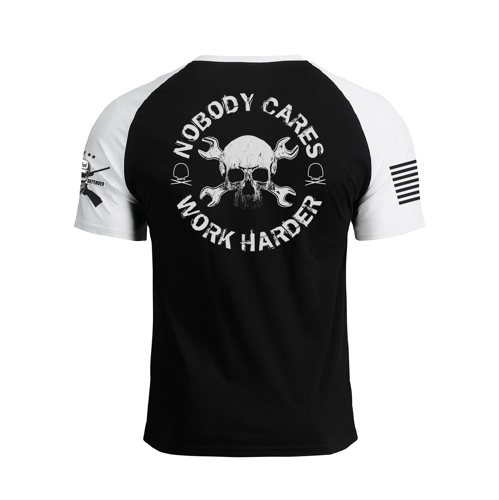NOBODY CARES WORK HARDER 100% COTTON RAGLAN GRAPHIC TEE