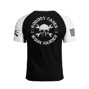NOBODY CARES WORK HARDER 100% COTTON RAGLAN GRAPHIC TEE