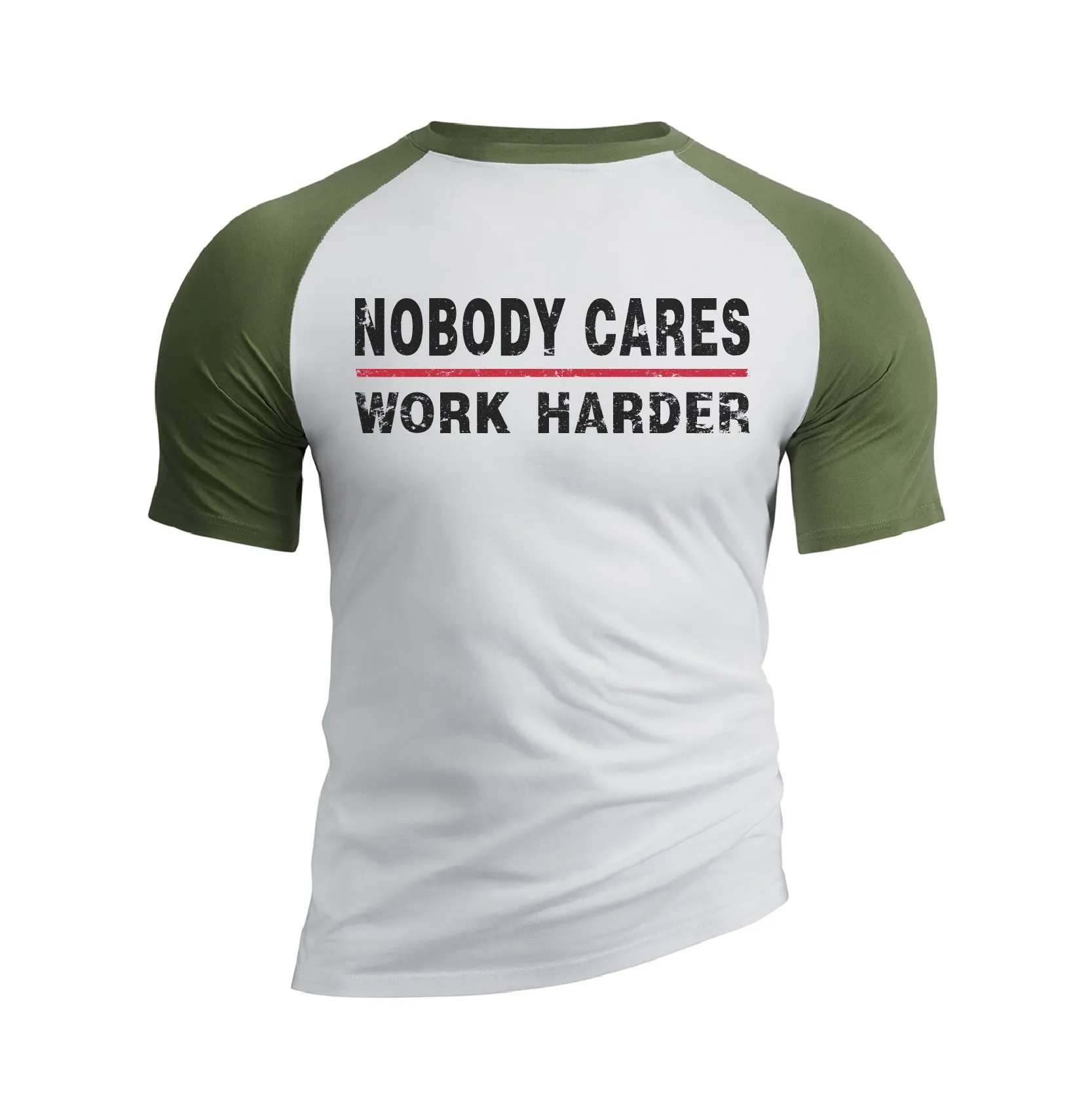 NOBODY CARES WORK HARDER 100% COTTON RAGLAN GRAPHIC TEE