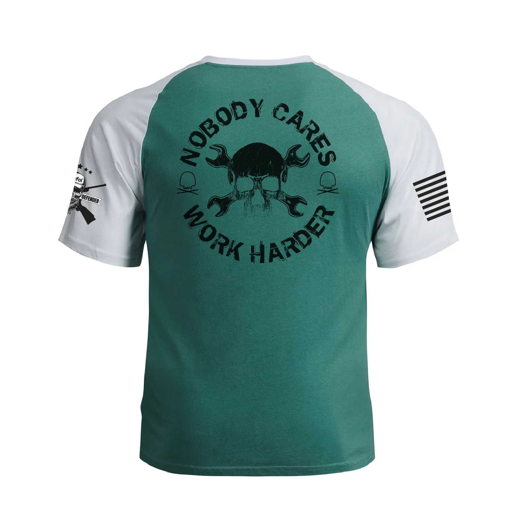 NOBODY CARES WORK HARDER 100% COTTON RAGLAN GRAPHIC TEE