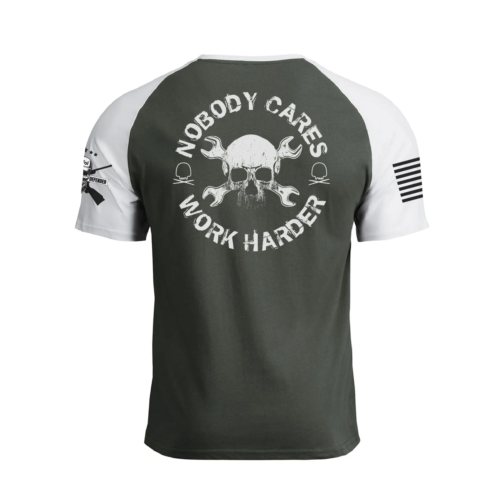 NOBODY CARES WORK HARDER 100% COTTON RAGLAN GRAPHIC TEE