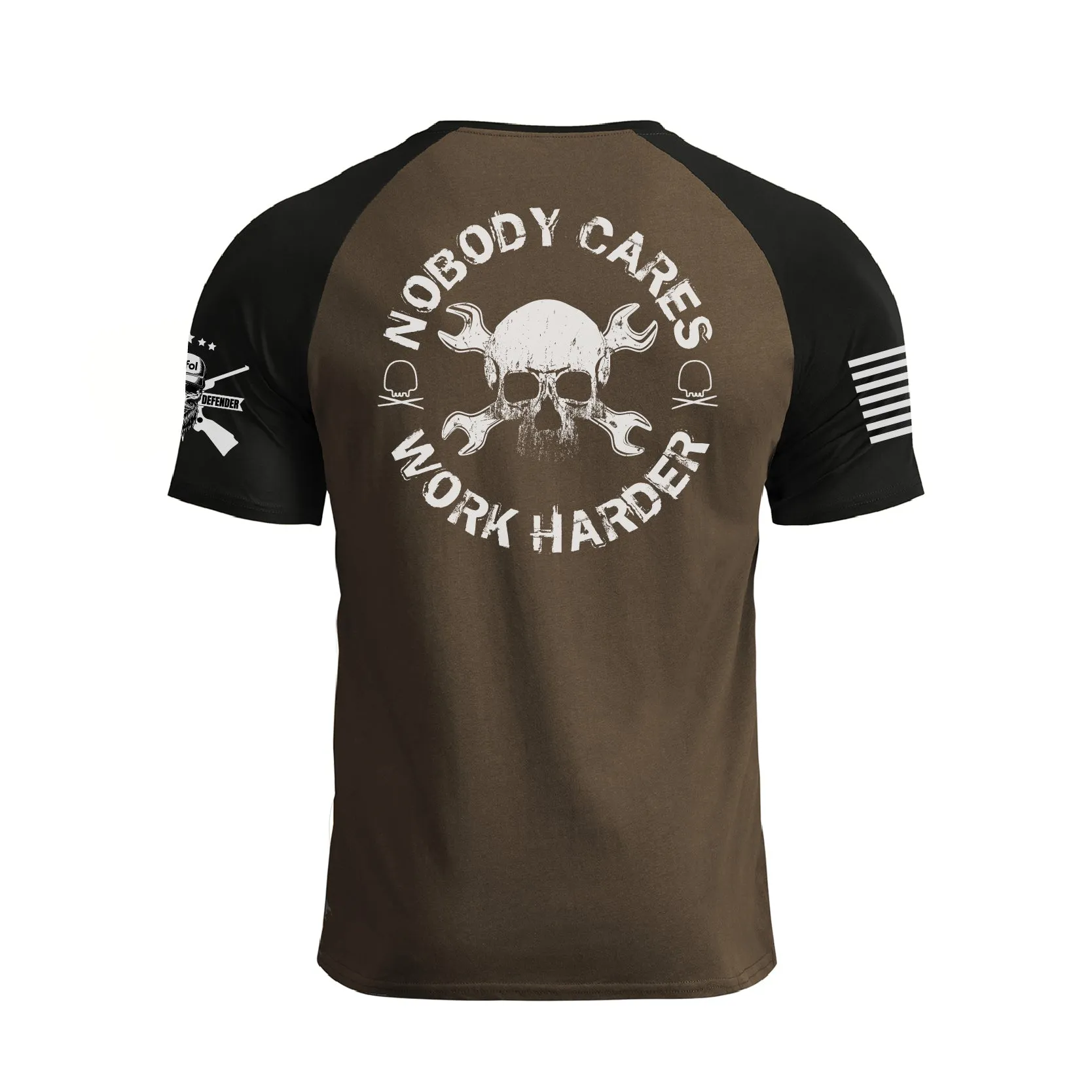 NOBODY CARES WORK HARDER 100% COTTON RAGLAN GRAPHIC TEE