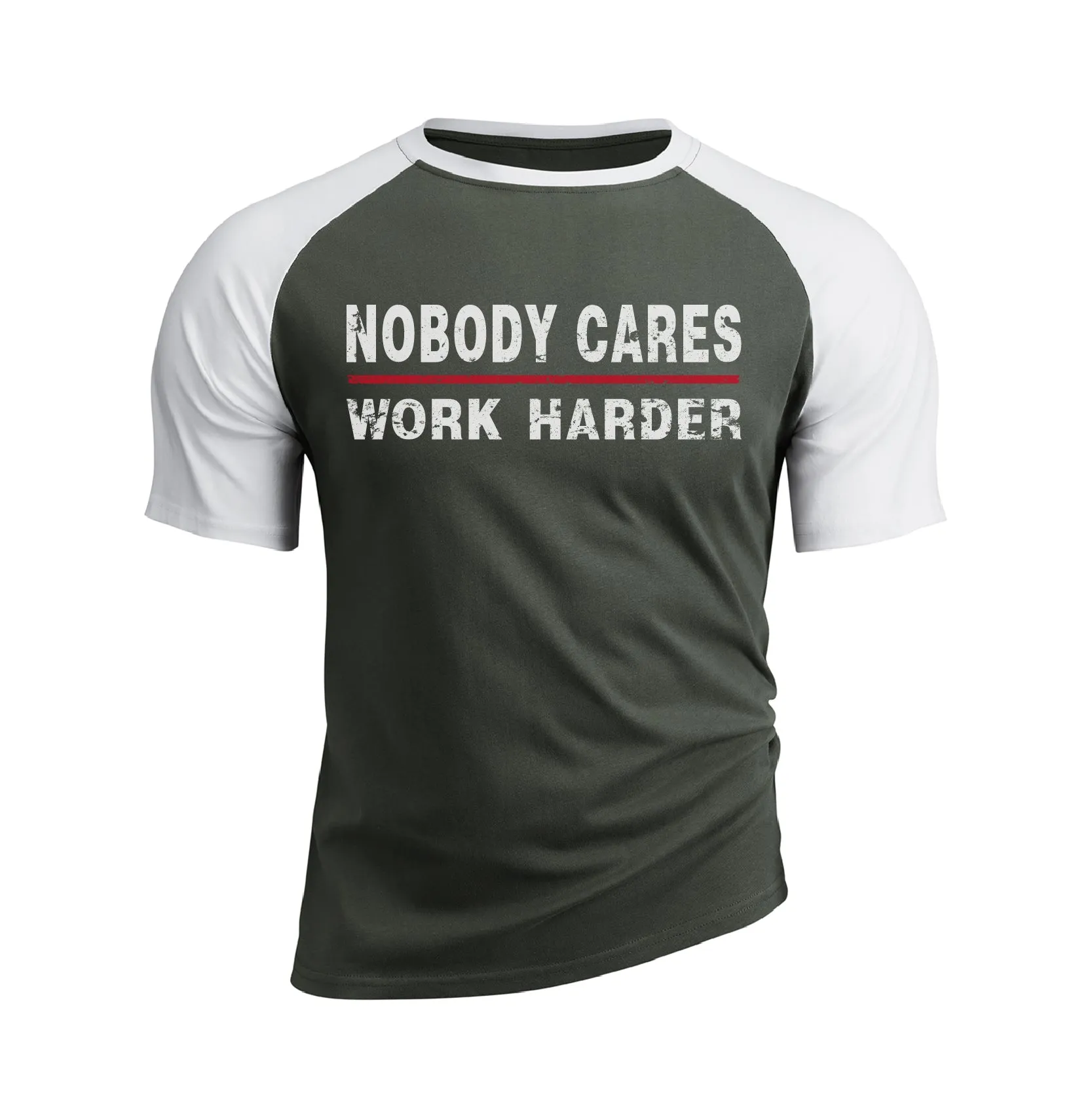 NOBODY CARES WORK HARDER 100% COTTON RAGLAN GRAPHIC TEE