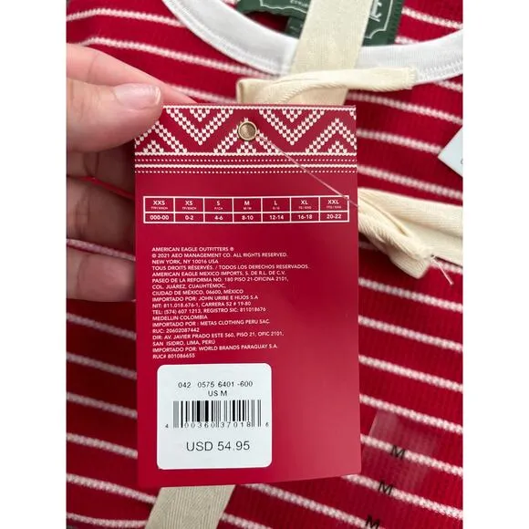 NWT American Eagle Striped Waffle Knit Pajama Set Long Sleeve Size M Red Stripe