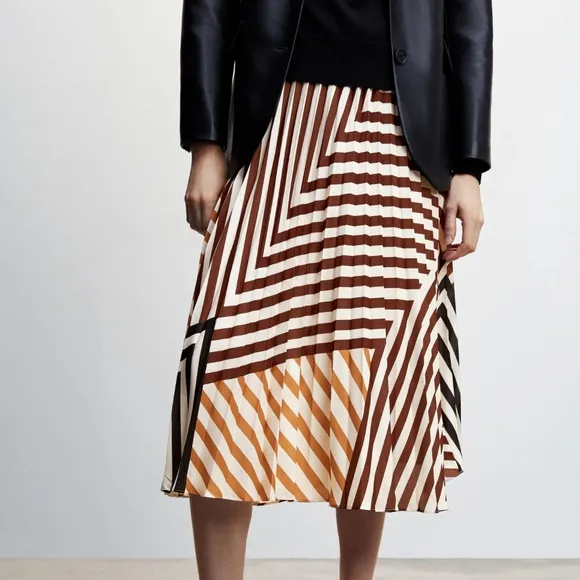 NWT Mango Italian Fabric Printed Pleated Abstract Orange Stripe Midi Skirt Sz S