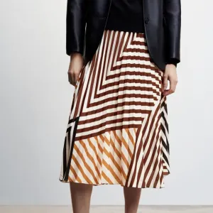 NWT Mango Italian Fabric Printed Pleated Abstract Orange Stripe Midi Skirt Sz S