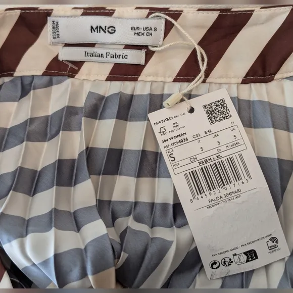 NWT Mango Italian Fabric Printed Pleated Abstract Orange Stripe Midi Skirt Sz S
