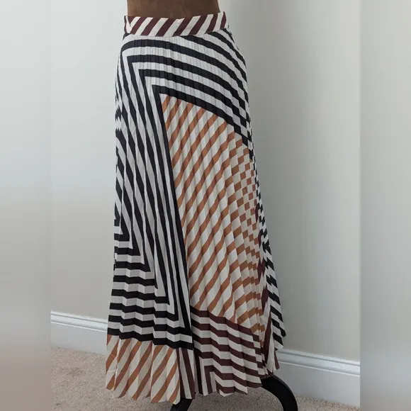 NWT Mango Italian Fabric Printed Pleated Abstract Orange Stripe Midi Skirt Sz S