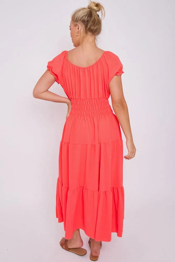 Plain Shirred Waist Tiered Dress