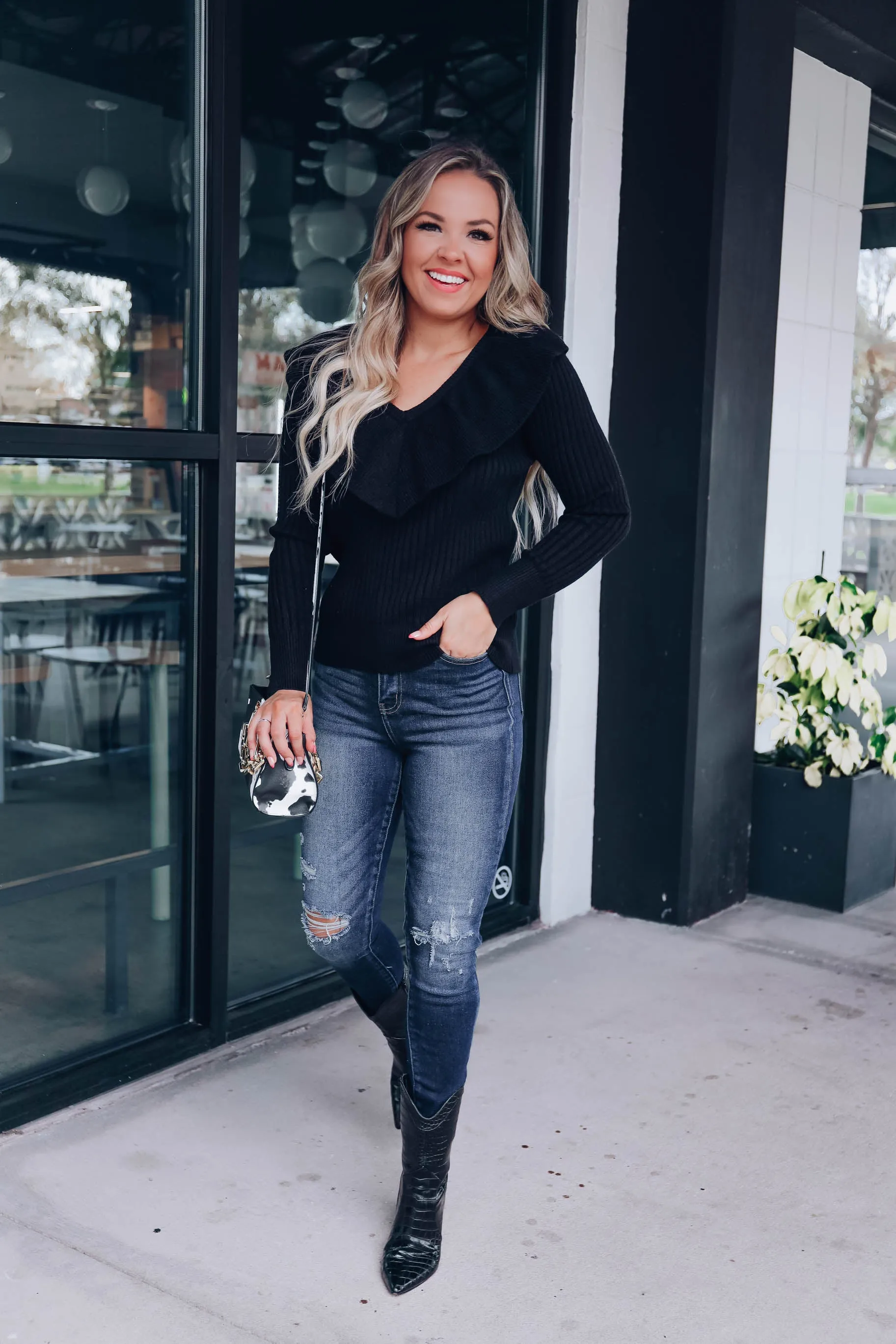 Regina Ruffle Collared Sweater - Black