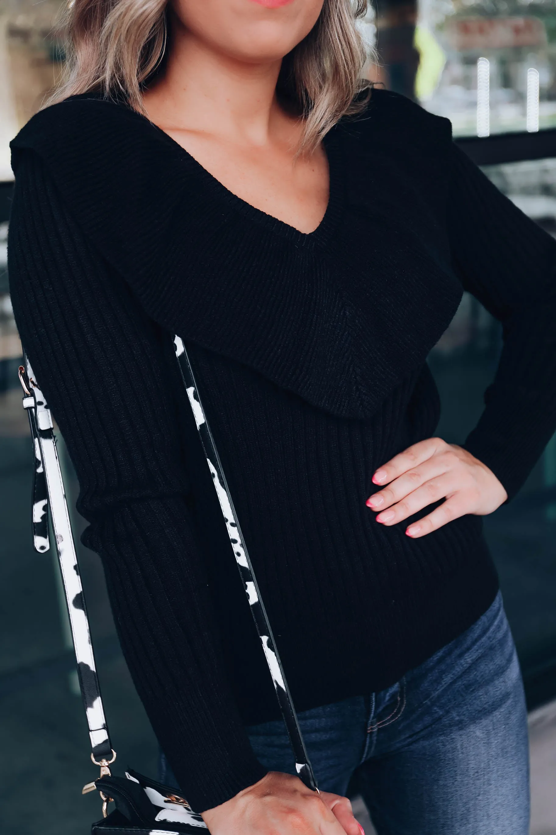 Regina Ruffle Collared Sweater - Black