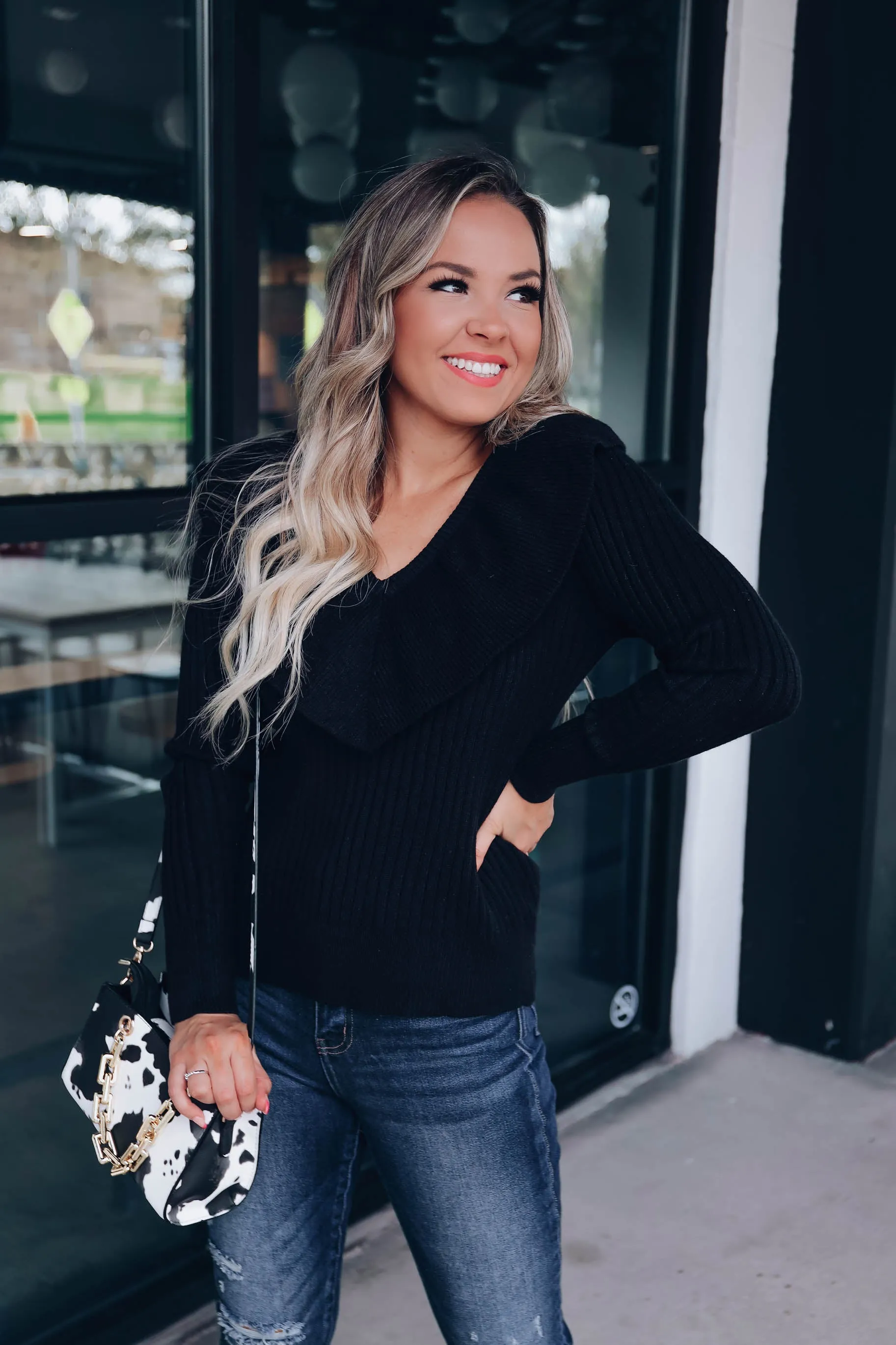 Regina Ruffle Collared Sweater - Black