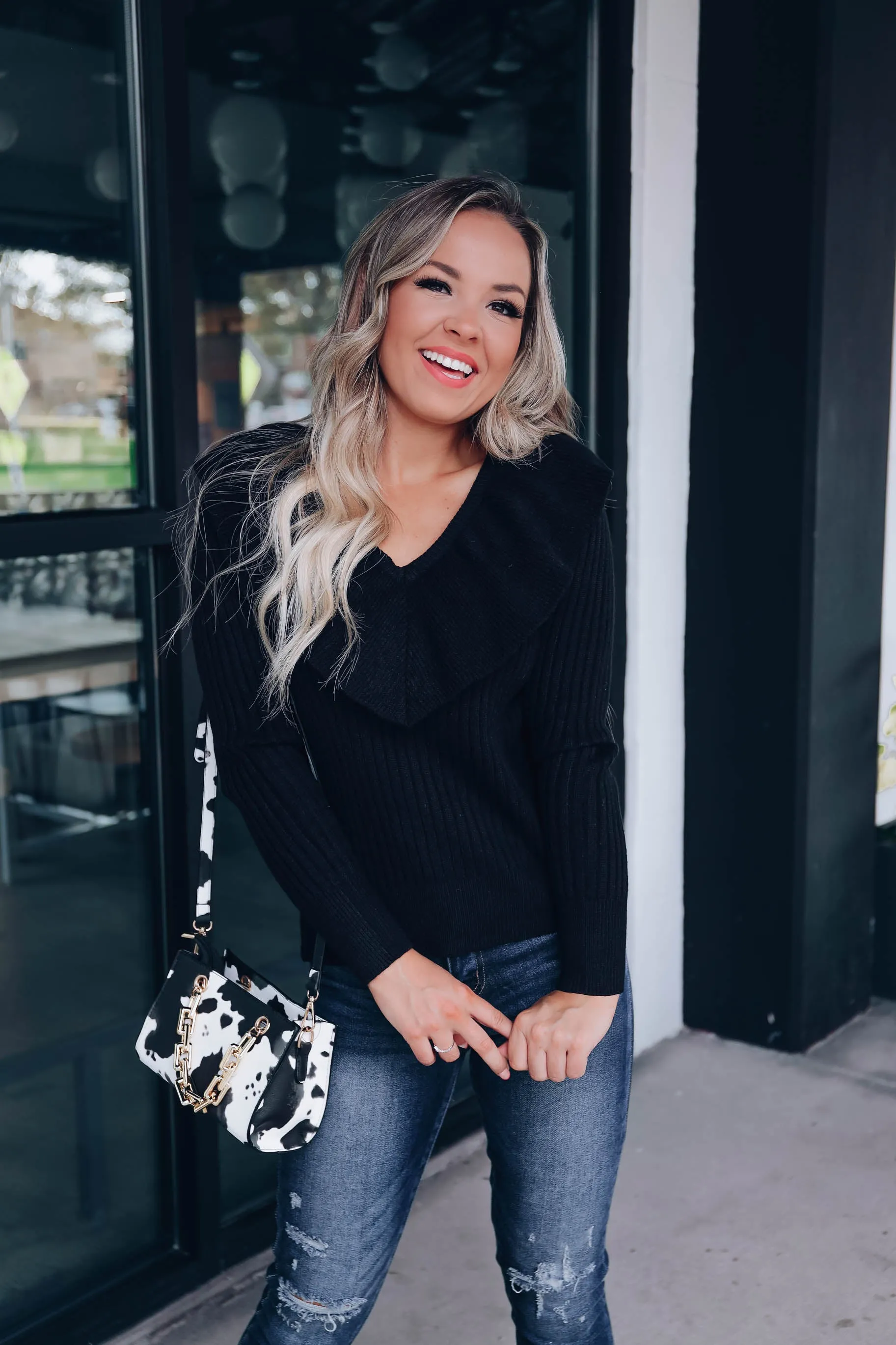 Regina Ruffle Collared Sweater - Black