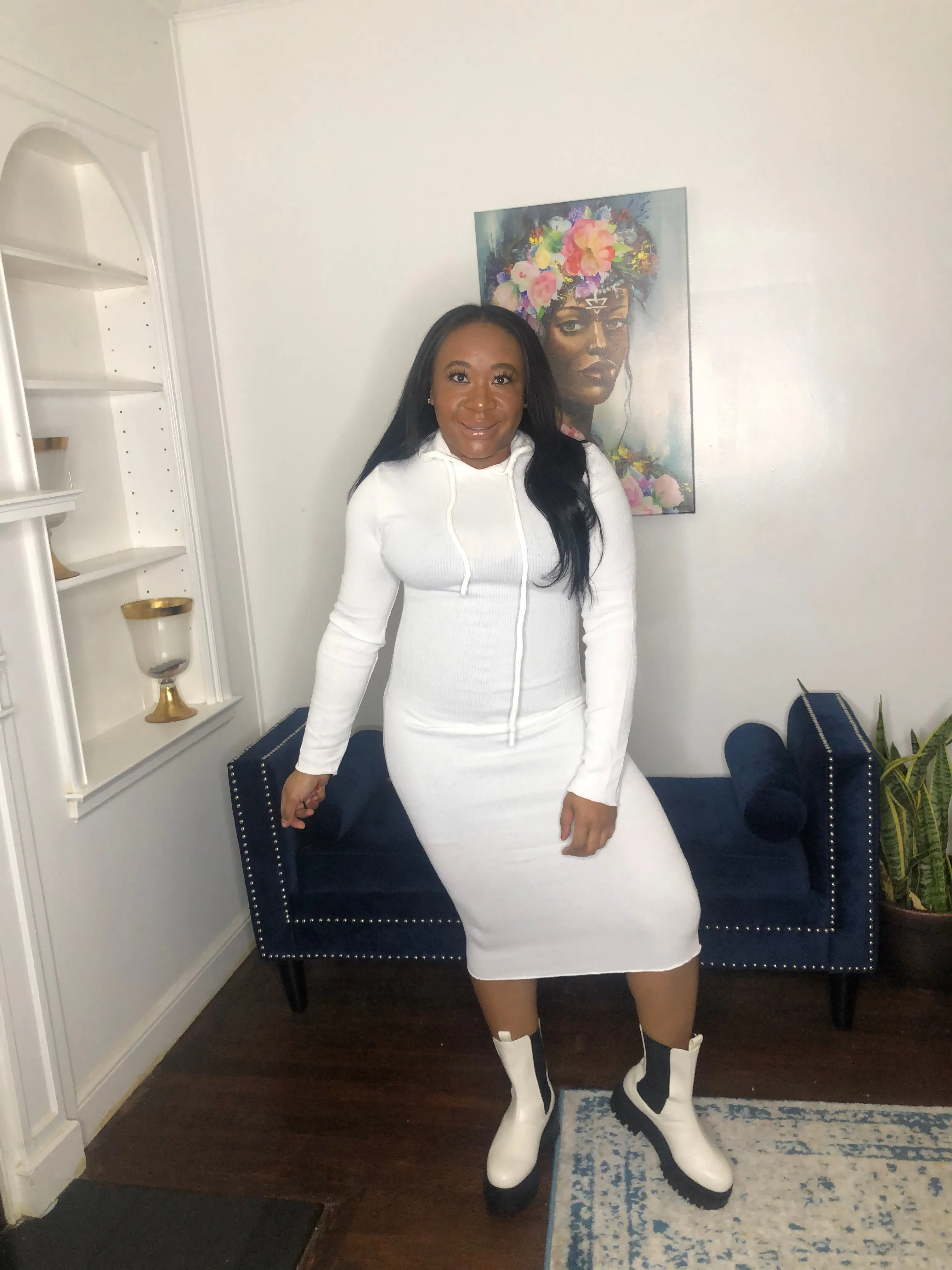 Ribbed Hoodie Dress- Cream