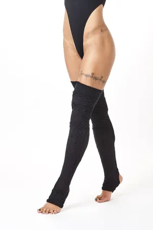 Rolling Cable Knit Thigh High Leg Warmers with Stirrups - Noir