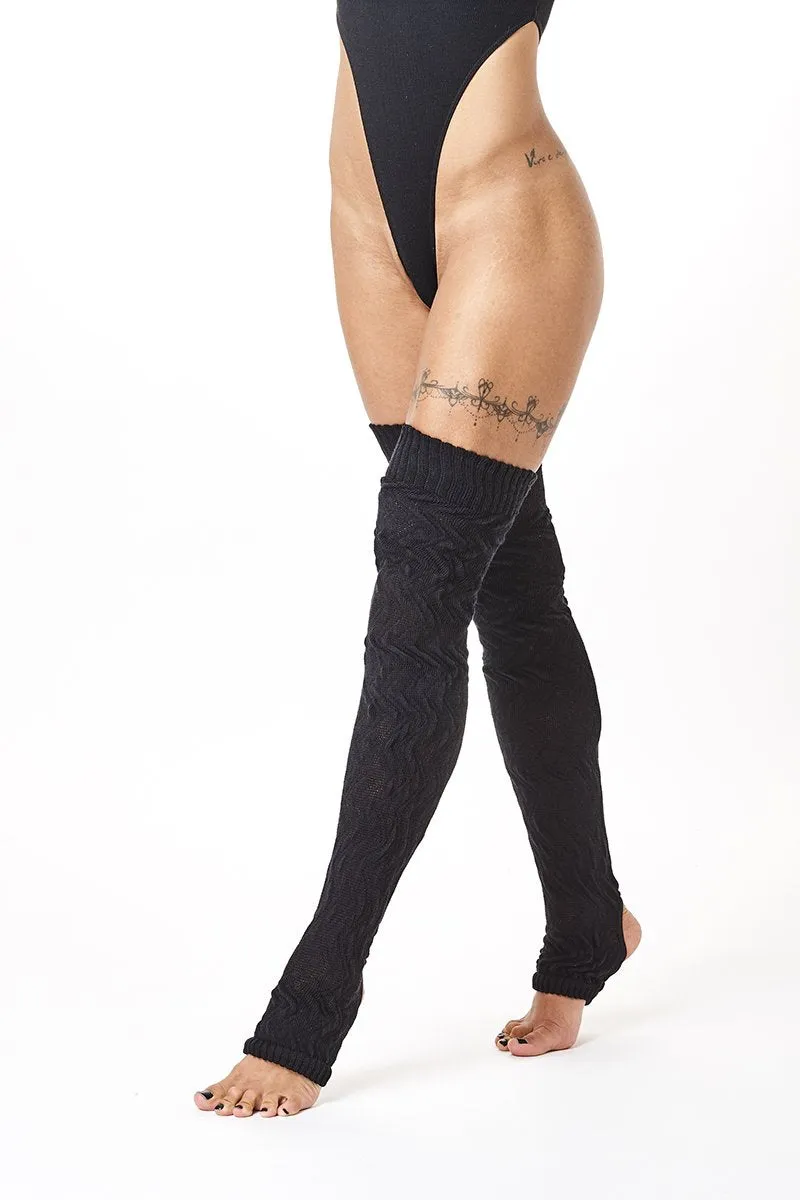 Rolling Cable Knit Thigh High Leg Warmers with Stirrups - Noir