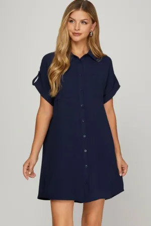 Set The Trend Deep Dark Navy Shirt Dress
