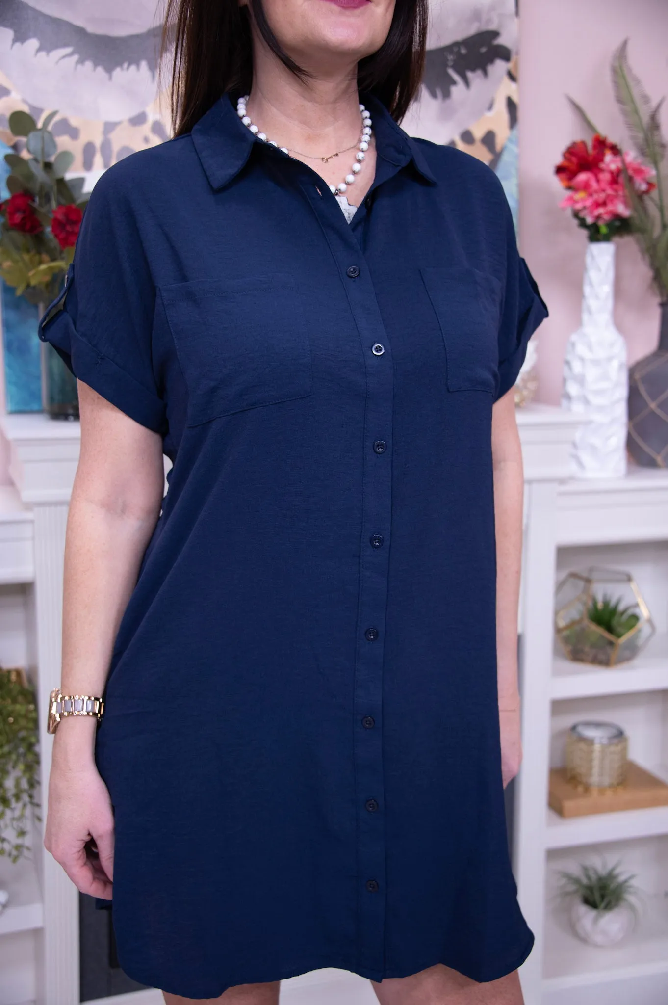 Set The Trend Deep Dark Navy Shirt Dress