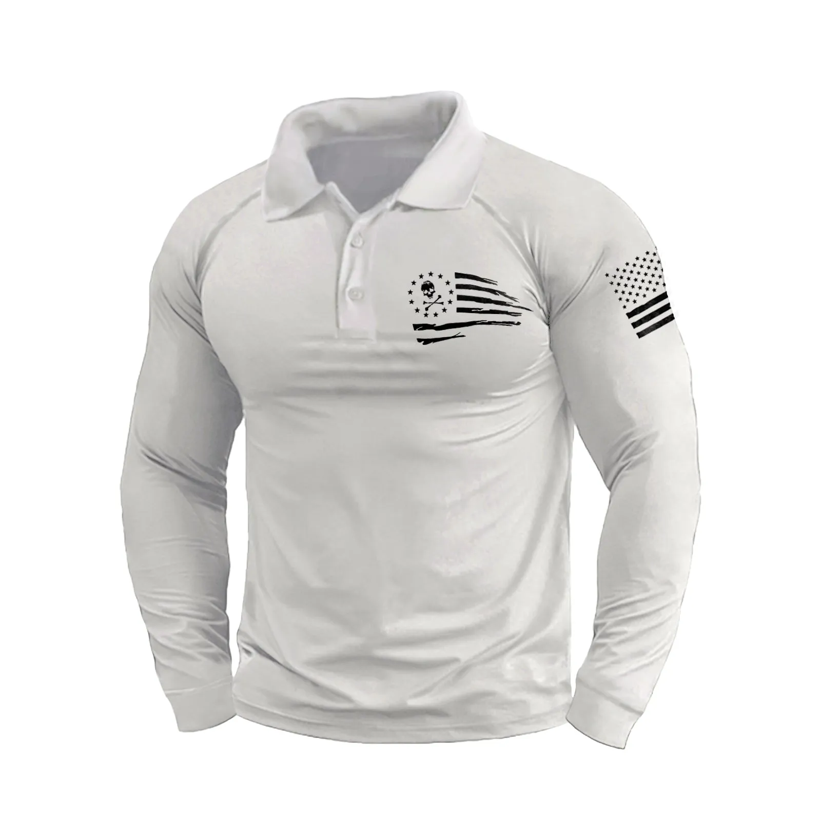 SKULL USA FLAG GRAPHIC RAGLAN LONG SLEEVE POLO SHIRT