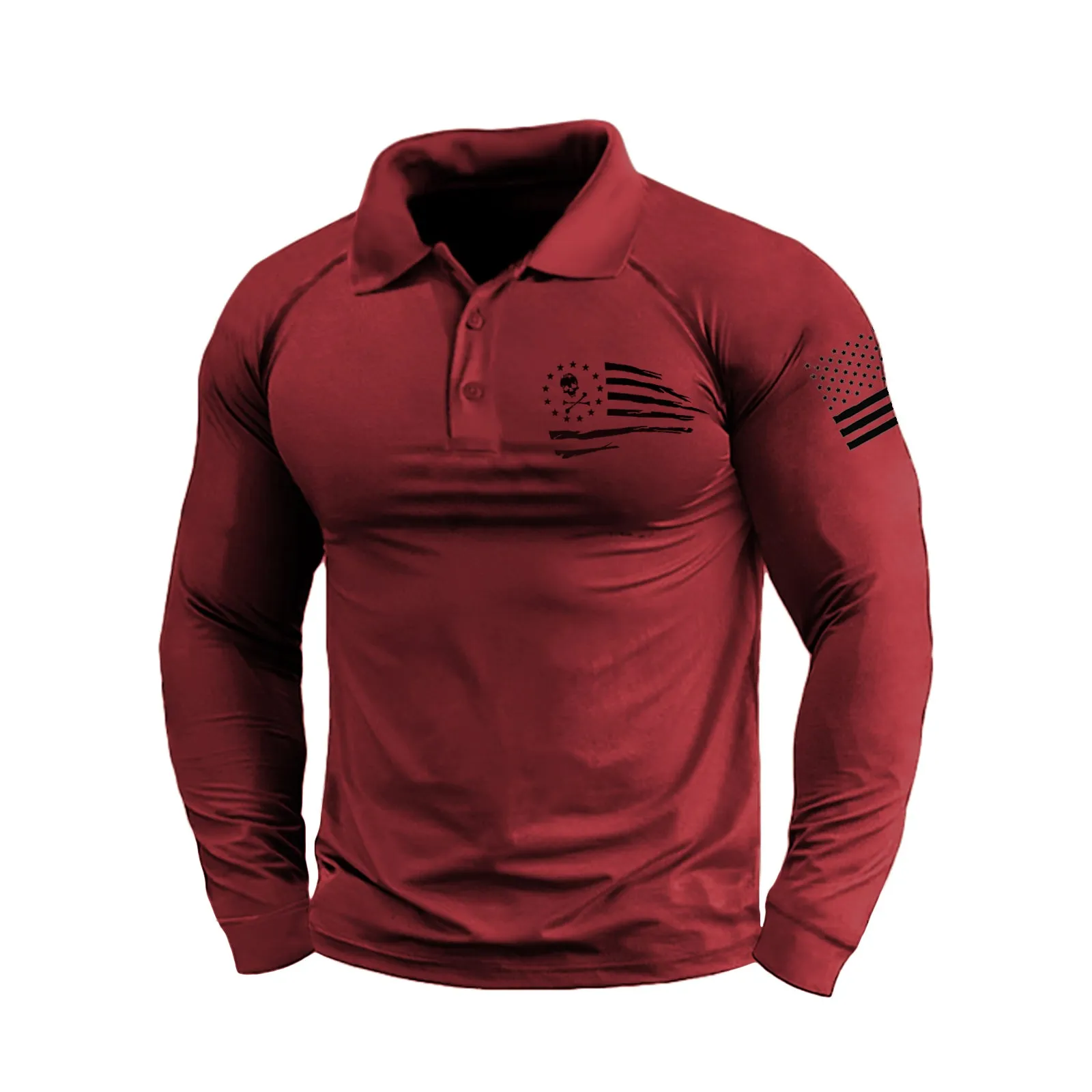 SKULL USA FLAG GRAPHIC RAGLAN LONG SLEEVE POLO SHIRT