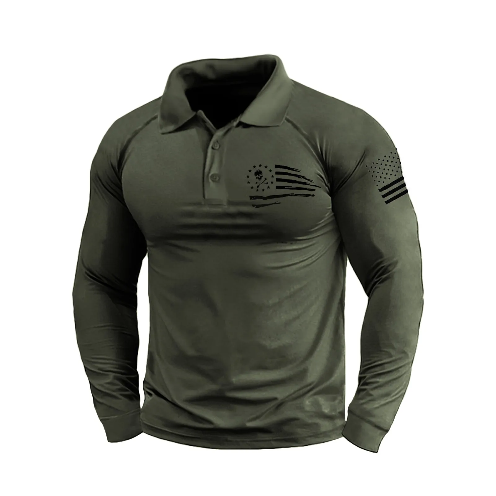 SKULL USA FLAG GRAPHIC RAGLAN LONG SLEEVE POLO SHIRT