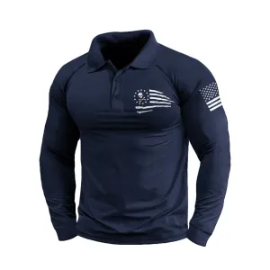 SKULL USA FLAG GRAPHIC RAGLAN LONG SLEEVE POLO SHIRT