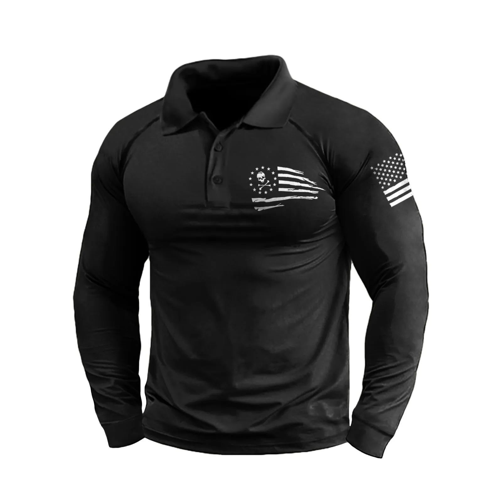 SKULL USA FLAG GRAPHIC RAGLAN LONG SLEEVE POLO SHIRT
