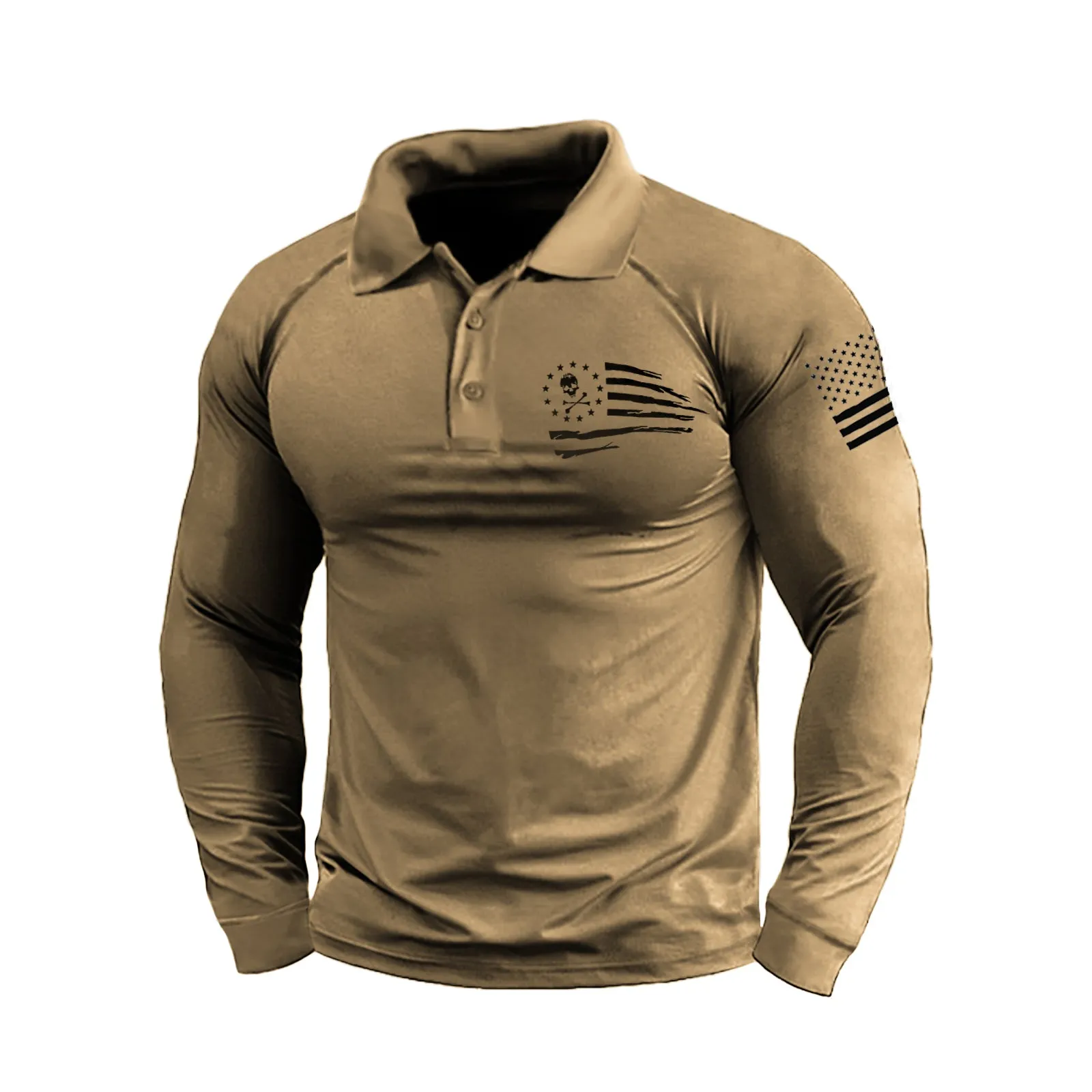 SKULL USA FLAG GRAPHIC RAGLAN LONG SLEEVE POLO SHIRT