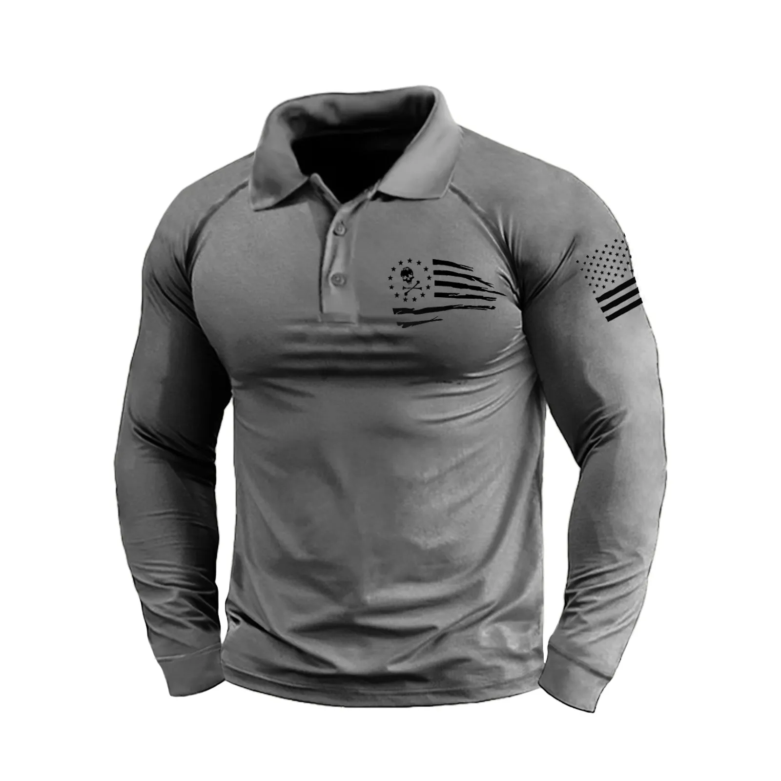 SKULL USA FLAG GRAPHIC RAGLAN LONG SLEEVE POLO SHIRT