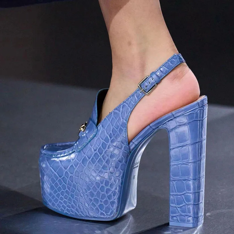 Square Toe Back Buckle Strap Shoes High Platform Chunky Heels