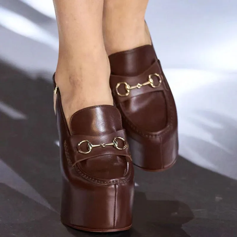 Square Toe Back Buckle Strap Shoes High Platform Chunky Heels