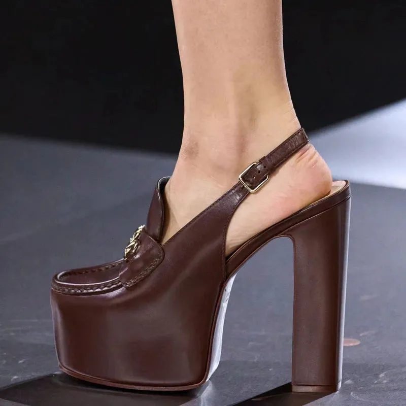 Square Toe Back Buckle Strap Shoes High Platform Chunky Heels