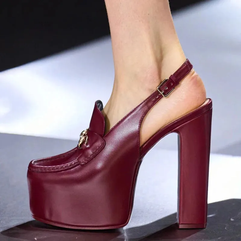Square Toe Back Buckle Strap Shoes High Platform Chunky Heels